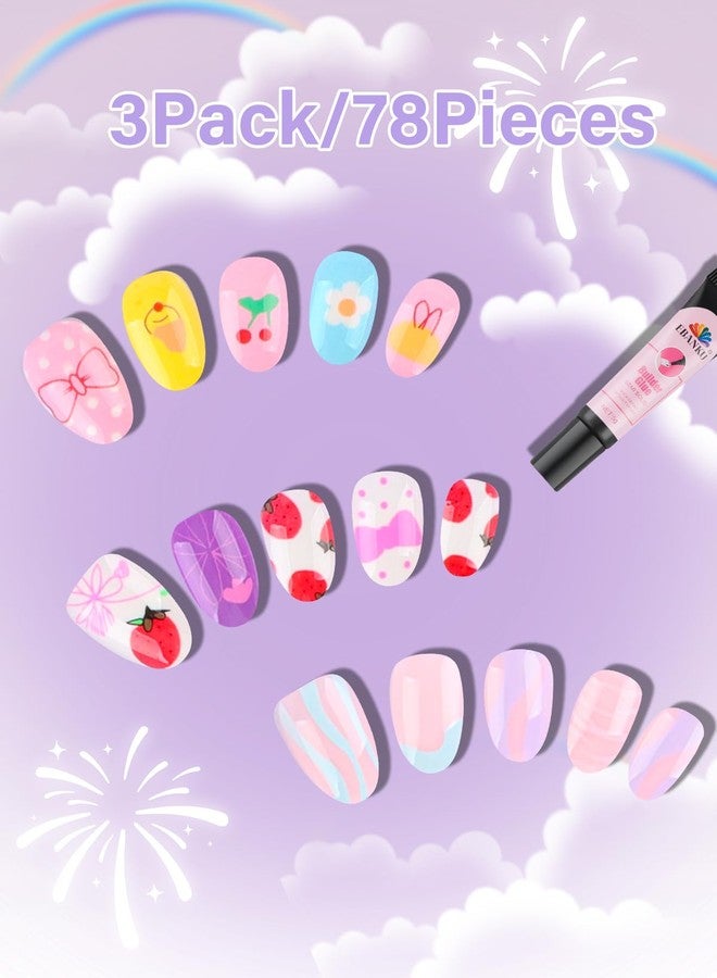 EBANKU 78PCS Kid Press on Nails, EBANKU 3 Pack Children Fake Nail Kit Full Cover Short False Fingernails with Nail Glue for Girl Nail Decoration (Bow Tie Strawberries) - Image 3